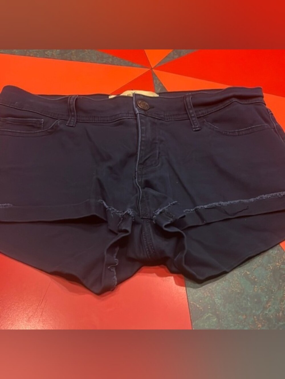 Hollister Navy Frayed Hem Stretch Denim Shorts